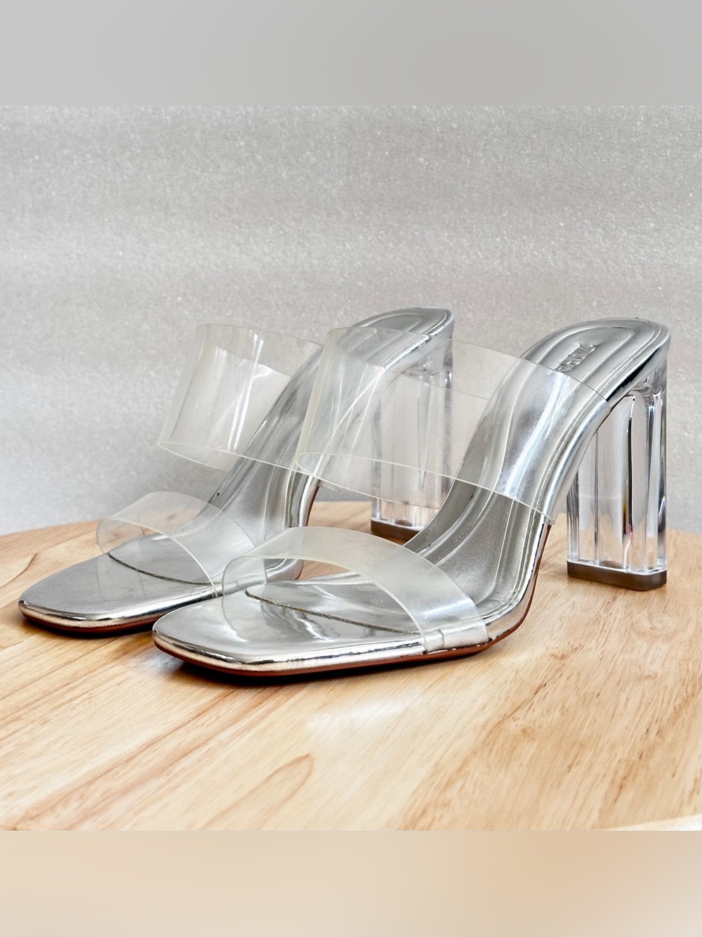 Zara Clear PVC Block Heel Slides in Silver Size 5 (35)